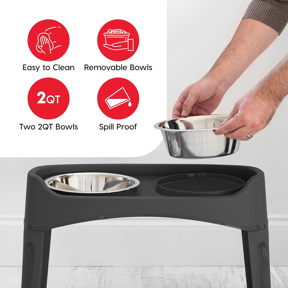 IRIS USA Elevated Dog Bowls, Adjustable Height, 2 Thick 64 oz Stainless Steel Bowls, Spill-Proof with Raised Outer Rim, Durable Made in USA Plastic, Easy Assemble, 2 Heights 4.63" or 12.25" Black