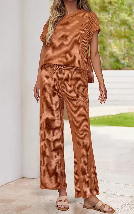 PRETTYGARDEN 2 Piece Outfits For Women Casual Tracksuit Short Sleeve Tops And Wide Leg Long Pants Matching Lounge Sets