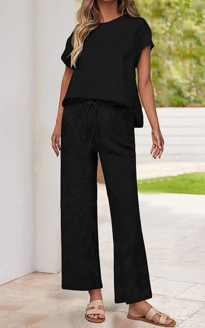 PRETTYGARDEN 2 Piece Outfits For Women Casual Tracksuit Short Sleeve Tops And Wide Leg Long Pants Matching Lounge Sets