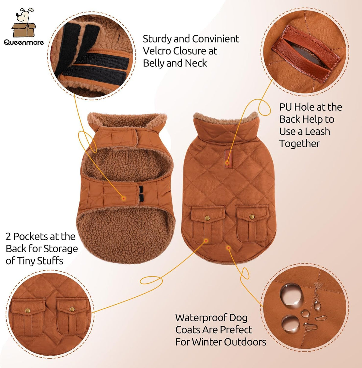 Queenmore Warm Puffer Dog Jacket, Ultra Thick Plush Lining with Storage Pockets (Brown, X-Small)