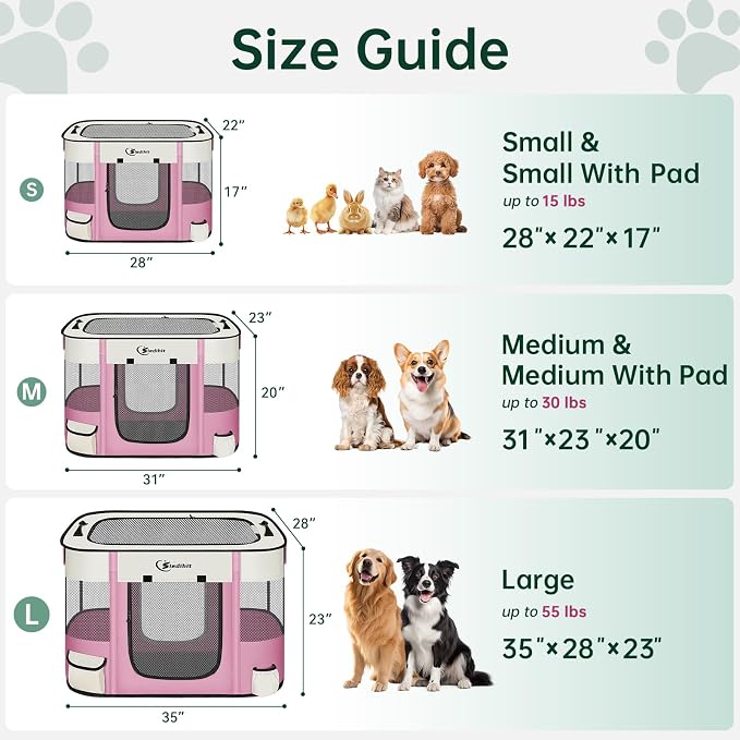 Siedihit Dog Playpen, Cat Pet Puppy Crate, Portable Playpens Indoor Outdoor (Pink with Pad, Medium)