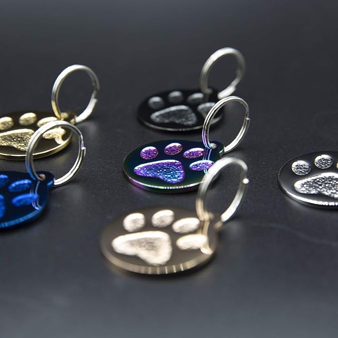 Engraved Pet Tag for Dogs and Cats - Personalized Front & Back up to 4 Lines of Text Custom Engraved ID, Round Paw Print Solid Plating Stainless Steel Blue Small