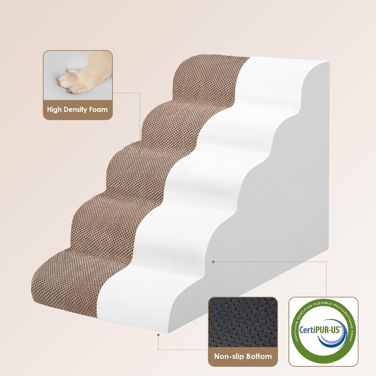 EHEYCIGA Curved Dog Stairs Ramp for High Beds, 5-Step Extra Wide Dog Steps for Small Dogs and Cats, Pet Stairs for High Bed Climbing, Non-Slip Balanced Pet Step Indoor, Camel