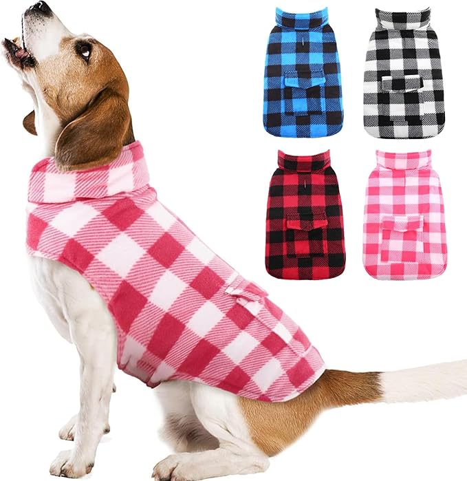 Kuoser Dog Winter Coat, Windproof Dog Fleece Jacket British Style Plaid Cold Weather Doggie Vest Coats, Reversible Cozy Warm Puppy Clothes Pet Apparel for Small Dogs XS