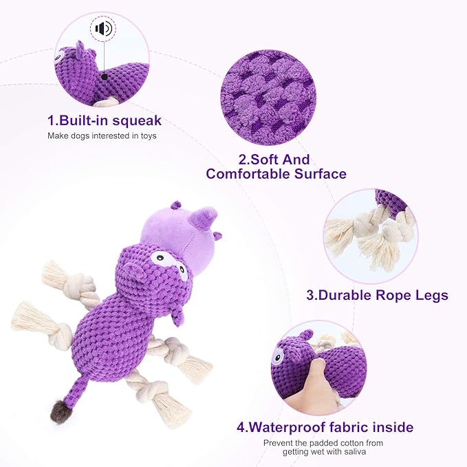 Dog Toys Tough Dog Toys for Large Dogs Plush Dog Toys for Aggressive Chewers Stuffed Dog Toys Durable Squeaky Dog Toys Puppy Chew Toys Dog Chew Toys for Small, Medium, Large Breed, Purple