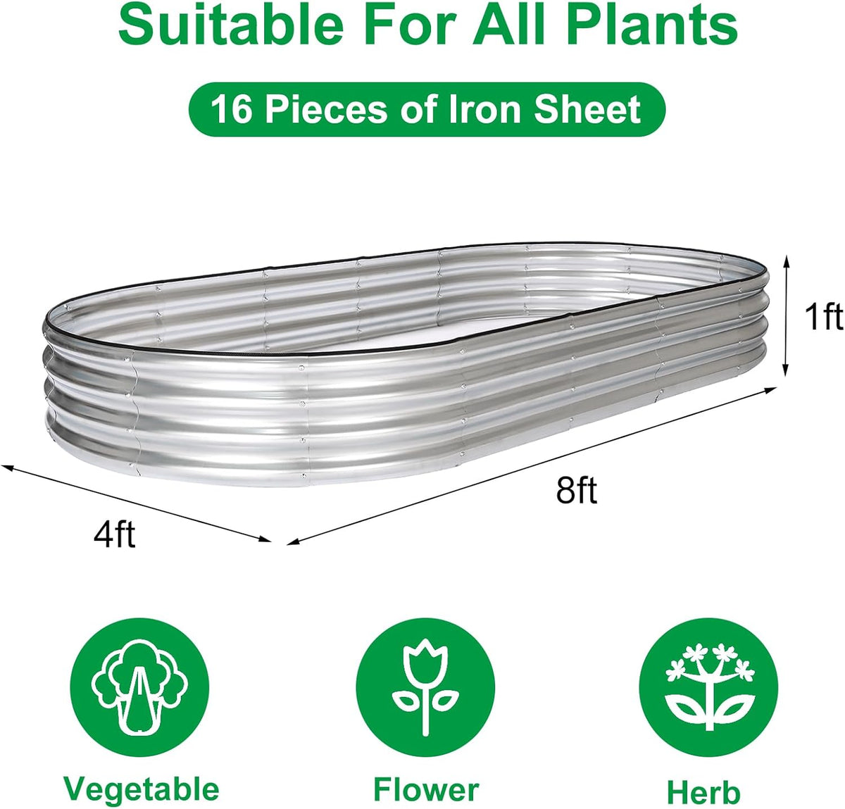 JERIA 2 Pcs 8×4×1ft Oval Raised Garden Bed,Galvanized Raised Garden Bed Kit Outdoor Metal Gardening Planter Box for Vegetable, Fruits, Flower，Herbs