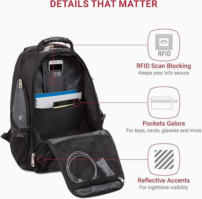 SWISSGEAR 1900 ScanSmart TSA Laptop Backpack Fits 17 Inch Laptop with RFID Protection and Tablet Pocket, Grey/Black, 19-Inch