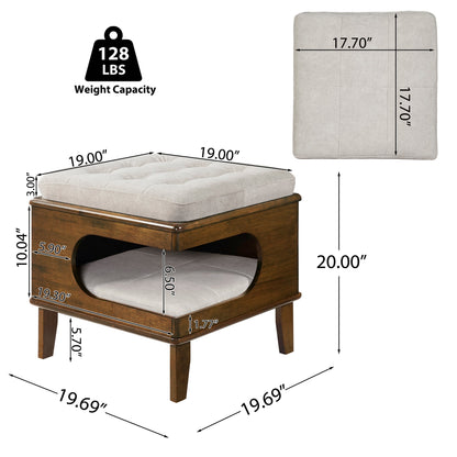 Letitia Rubber Wood Cat Bed Ottoman, 2-in-1 Tufted Pet Ottoman with Cat Cave, Multi-Functional Footstool with Cat Hideaway, Walnut Finish