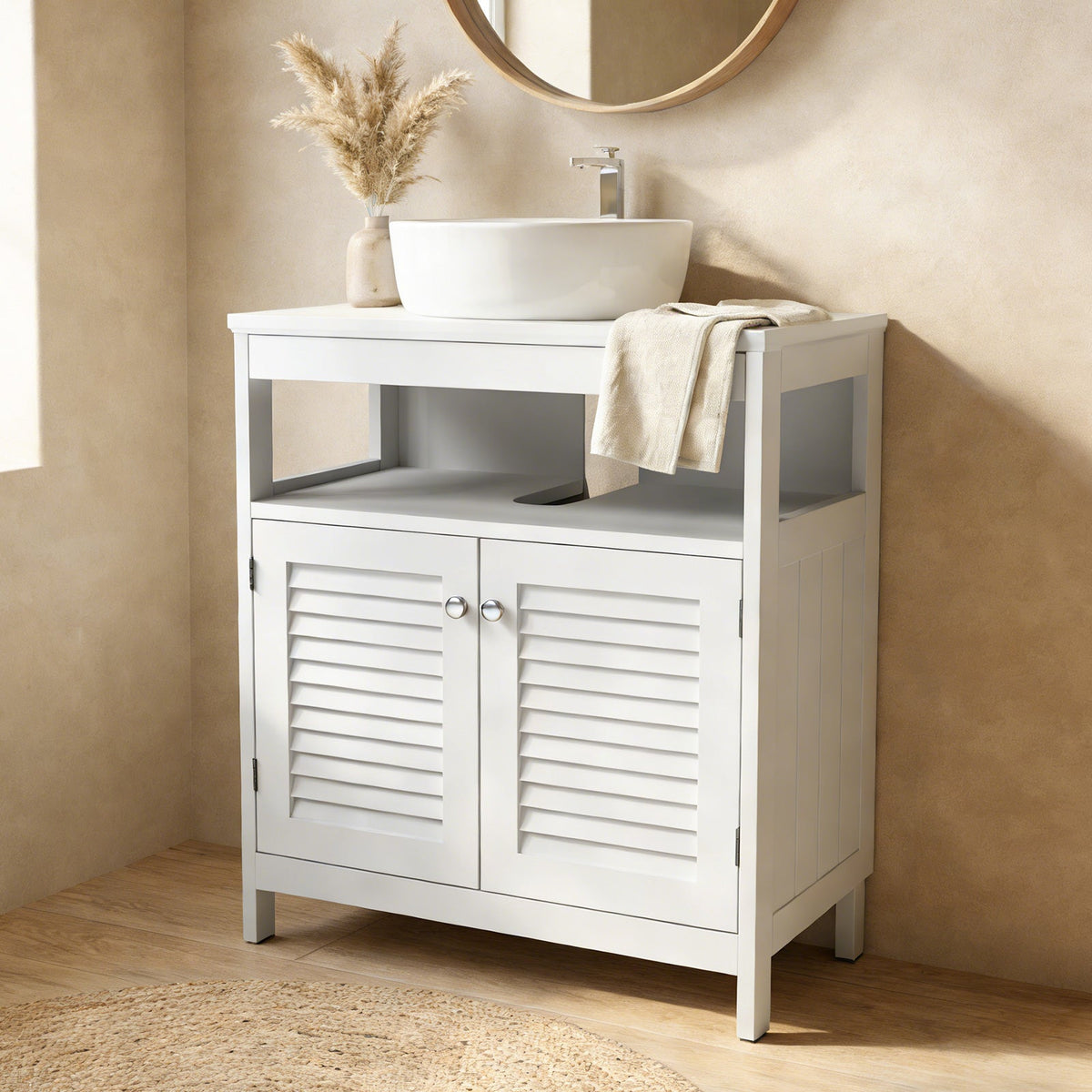 Wall Mounted Sink Plumbing Under Sink Storage Cabinet With 2 Doors Open Shelf U Shape Cut Out Wall Mounted Drainage Bathroom Under Sink Vanity For Toiletries Makeup