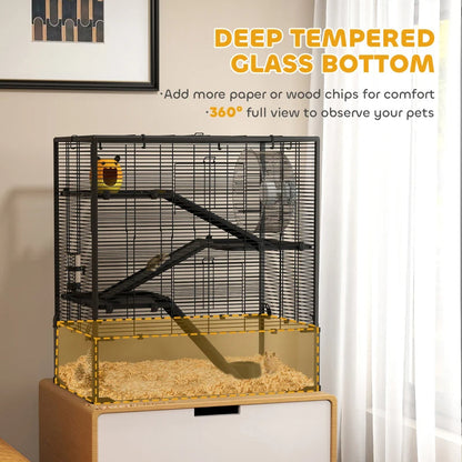 4 Tier Hamster Cage With Deep Tempered Glass Bottom, Running Wheel, Hut, Water Bottle, Food Dish,