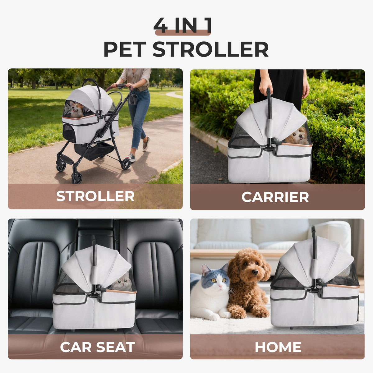 4-Wheel Foldable Pet Stroller For Small Dogs & Cats - 360 Rotating Wheels, Detachable Carrier & Travel Bag Included