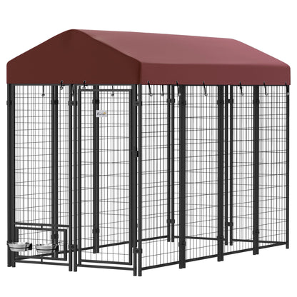 Outdoor Dog Kennel with Rotating Bowl Holders, Walk-in Pet Playpen with Waterproof Cover, 8 x 4 x 6, Red