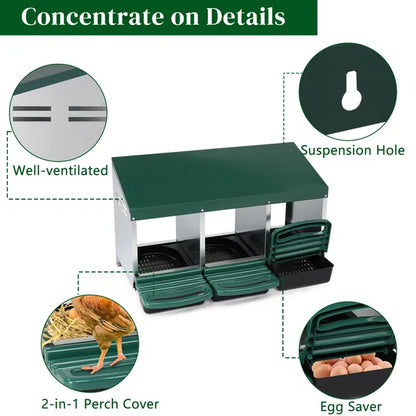 3 Compartment Roll Out Chicken Nesting Box With Plastic Basket, Egg Nest Box Chicken Laying Box Hens Chicken Coop Box, Green