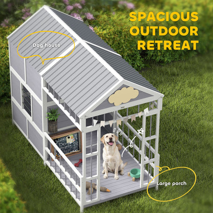 79"L Large Dog House Outdoor, Wooden Dog Kennel with Porch, Storage Cabinet,Weatherproof Roof, Windows