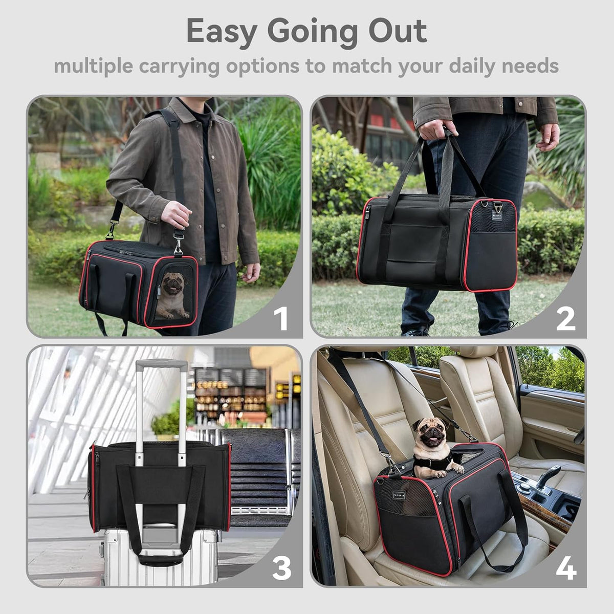 Petsfit Expandable Dog Carrier Large Cat Carrier, Soft-Sided Portable Collapsible Pet Travel Carrier for Kittens, Puppies or Small Animals, 19 x12x12 Inches, Black