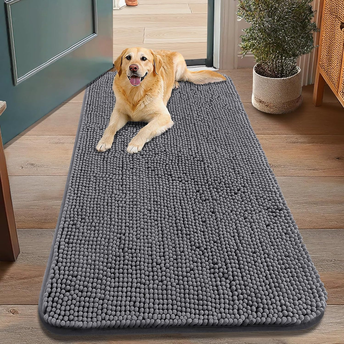 Smiry Dog Door Mat for Muddy Paws 48x30, Absorbs Moisture and Dirt Doormat, Non-Slip Washable Quick Dry Chenille Front Door Mat Indoor Entrance, Entryway Carpet for Inside Floor, Dark Grey