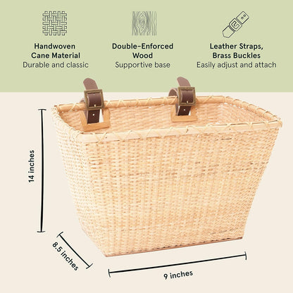 Retrospec Bicycles Cane Woven Rectangular Toto Basket with Authentic Leather Straps and Brass Buckles