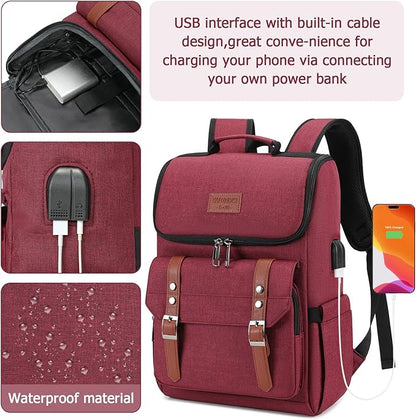 YALUNDISI Vintage Backpack Travel Laptop Backpack with usb Charging Port for Women & Men College Backpack Fits 15.6 Inch Laptop Red Brown