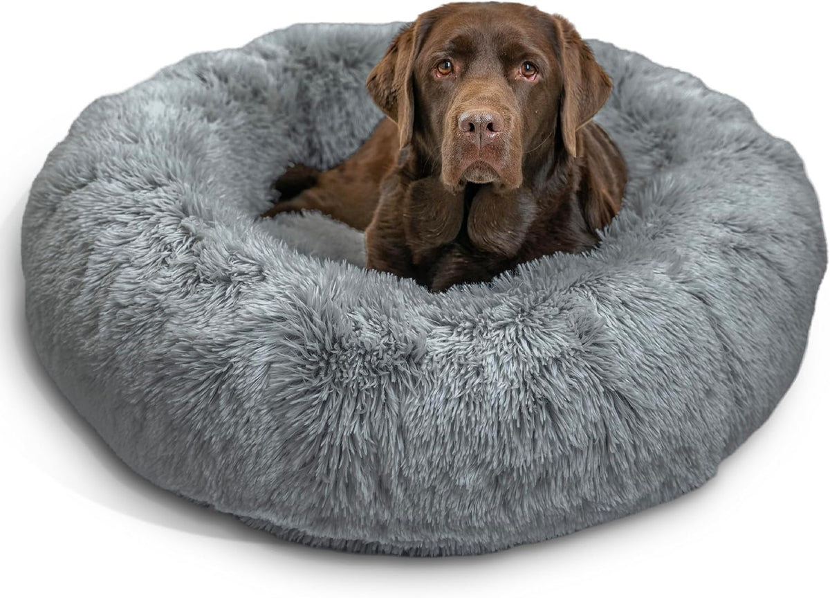 Best Friends by Sheri Original Calming Donut Dog and Cat Bed, Shag Faux Fur, Gray, (36in x 36in) - Anxiety Relief for Pets Up to 100 lbs