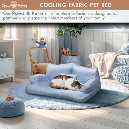 Paws & Purrs Cooling Pet Sofa Bed for Small Dogs or Cats, Breathable Fabric, Supportive Bolsters, Removable Washable Cover, Non-Slip Base, Sofa Pet Lounger Includes Mini Play Cushion, Blue