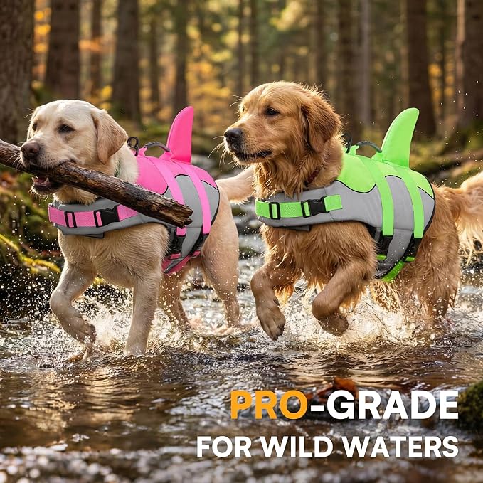 Dog Life Jacket Ripstop Shark Dog Safety Vest Adjustable Preserver with High Buoyancy and Durable Rescue Handle for Small,Medium,Large Dogs, Pink Shark Medium