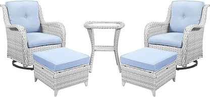 Belord Outdoor Swivel Rocker Furniture 5 Pieces Patio Wicker Furniture Sets, Rattan Patio Swivel Glider Chairs with 2 Ottoman and Glass Side Table