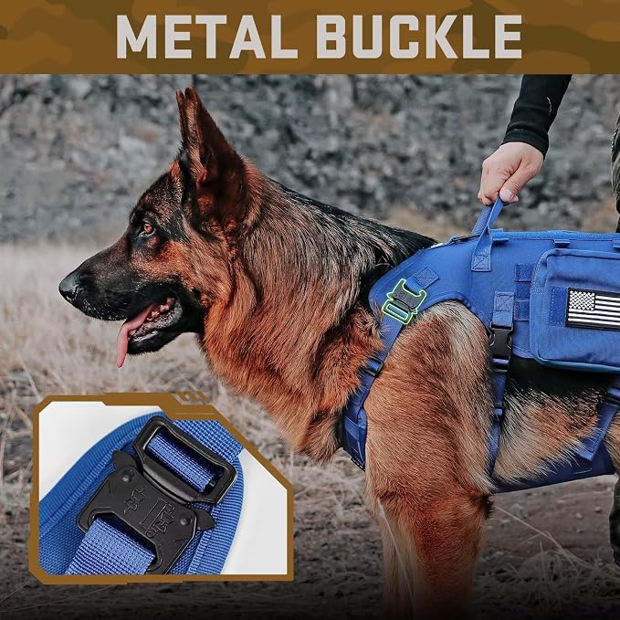 Forestpaw Tactical Dog Harness for Large Dogs,Tactical Dog Collar with Bungee Leash Set,No Pull Military Dog Harness for Walking Training,Adjustable for Medium Large Dogs,Blue,Chest 27-40"