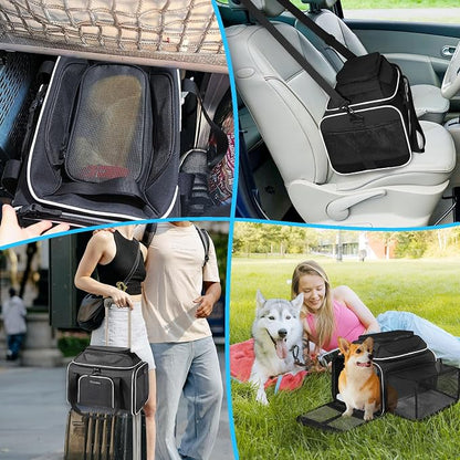 Petskd Top and Side Expandable Pet Carrier 17x11x9.5 Inches Alaska Airline Approved, Soft-Sided Carrier for Small Cats and Dogs with Locking Safety Zippers and Anti-Scratch Mesh(Black)