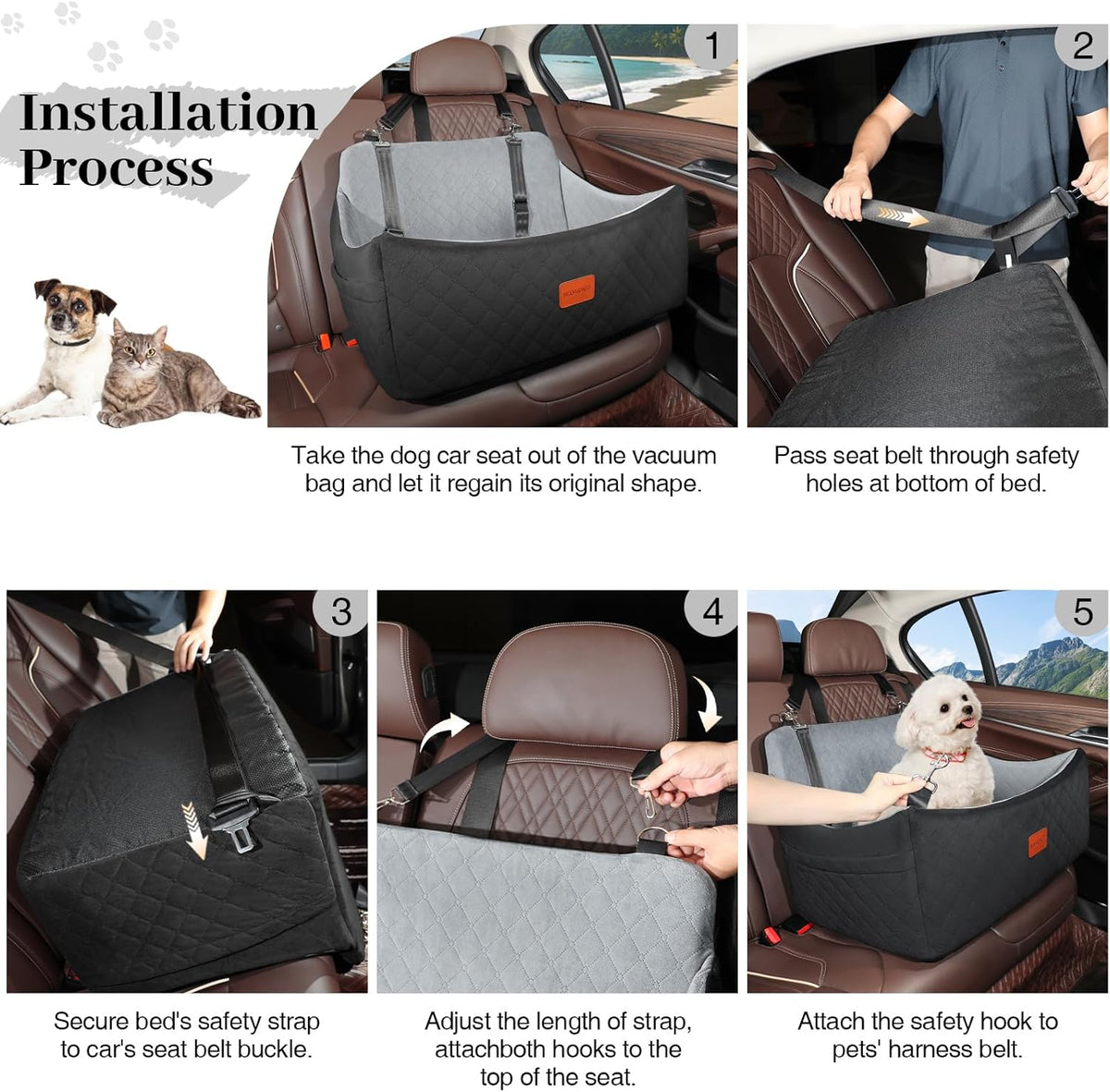 Dog Car Seat for Medium & Large Dogs Up to 55lbs, Memory Foam Cushion, Washable Cover, Safety Straps & Non-Slip Base(Black/Grey,Large)