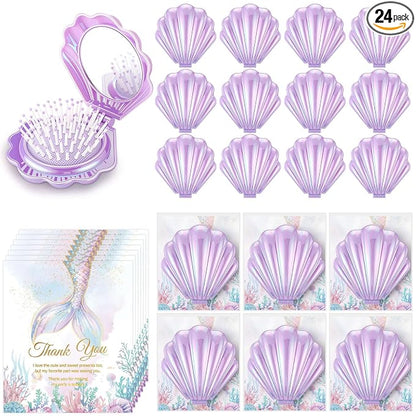 LemonRoad 24 Sets Mermaid Party Favors Shell Hair Brush with Mirror Card, Foldable Mini Travel Compact Hair Brush for Women Birthday, Bachelorette, Under The Sea, Beach Party Gifts(Purple)