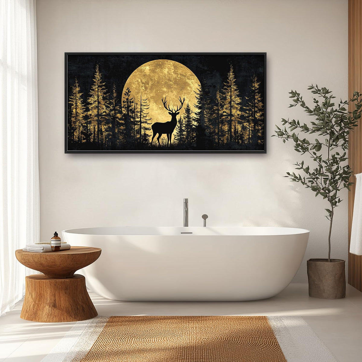 Large Moon Deer Forest Wall Art for Living Room, Black Gold Canvas Oversized Wall Decor, Elk Animal Framed Pictures Painting Print Artwork for Bedroom Office 60L" x 30W"