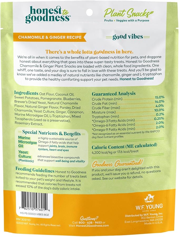 Honest to Goodness Plant Snacks Good Vibes Chamomile & Ginger Recipe Dog Treats Enriched with Omega 3s & Postbiotics, 8oz