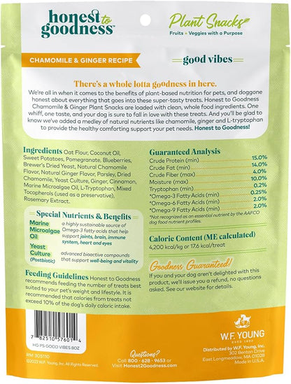 Honest to Goodness Plant Snacks Good Vibes Chamomile & Ginger Recipe Dog Treats Enriched with Omega 3s & Postbiotics, 8oz