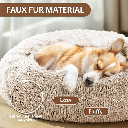 JOLLYVOGUE Calming Small Dog & Cat Bed for Indoor Cats - 20 inches Washable Donut Bed for Kittens & Puppies, Anti-Anxiety Round Fluffy Plush Pet Beds (Fits up to 15 lbs, Cream Brown)