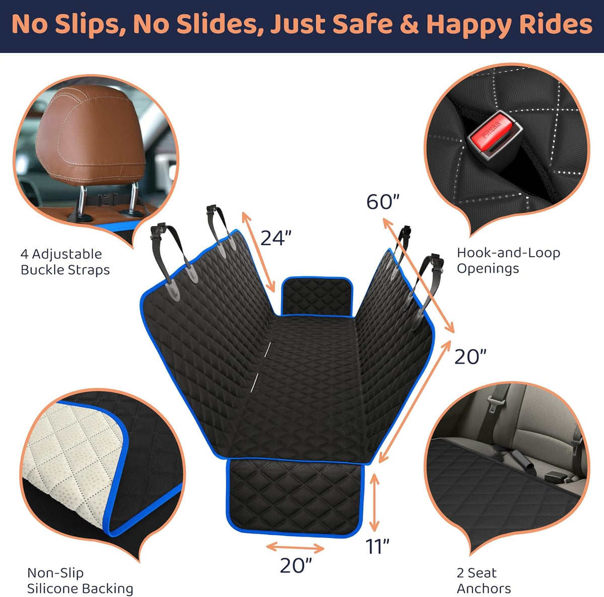 XL Dog Car Seat Cover for Back Seat, Waterproof Hammock for Car, SUV & Truck, Non-Slip Backseat Cover for Dogs, Heavy-Duty Dog Hammock Style Seat Protector Pets, Easy to Install & Clean