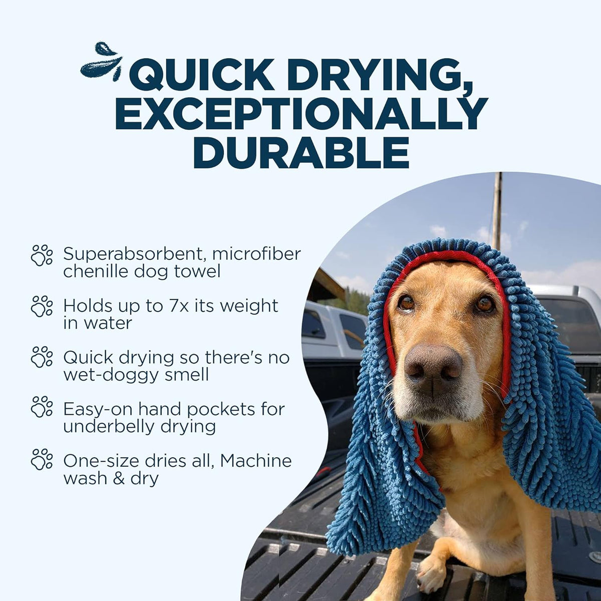 Soggy Doggy Super Shammy Dog Towel - Microfiber Chenille Towel for Drying Dogs and Cleaning Paws - Fast Drying with Hand Pockets for Ease (Blue/Red Trim, 31” x 14”)