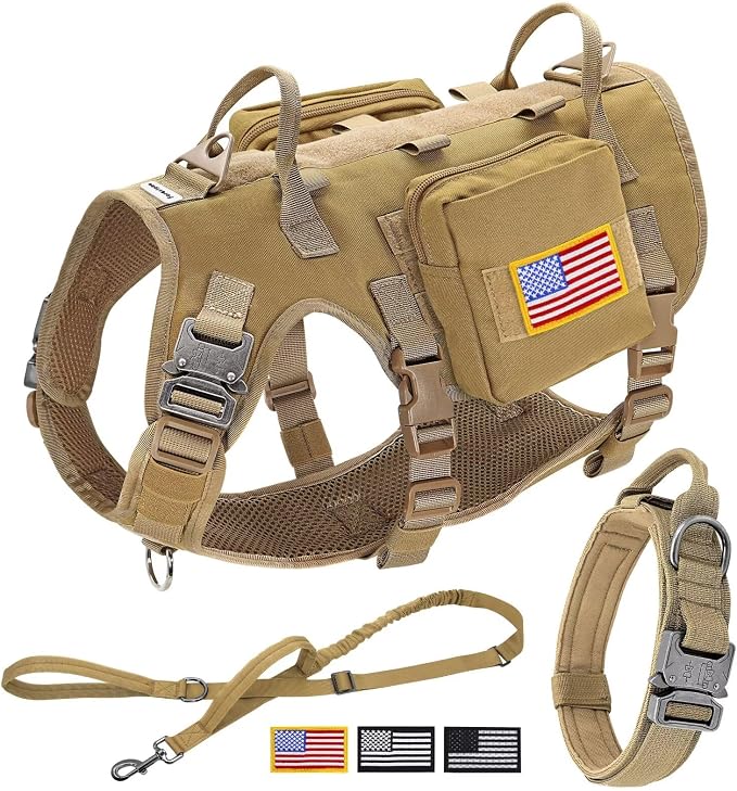 Forestpaw Tactical Dog Harness Tactical Dog Collar with Bungee Leash Set,No Pull Military Dog Harness for Walking Training,Adjustable for Medium Dogs,Khaki,Chest 17-25"