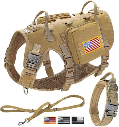 Forestpaw Tactical Dog Harness Tactical Dog Collar with Bungee Leash Set,No Pull Military Dog Harness for Walking Training,Adjustable for Medium Dogs,Khaki,Chest 17-25"