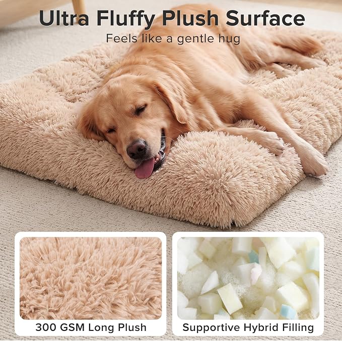 JOEJOY Large Dog Bed Crate Pad, Deluxe Plush Washable Dog Beds Fulffy Soft Kennel Pad Anti-Slip Pet Sleeping Mat for Large Medium Small Dogs, 35" x 23", Beige