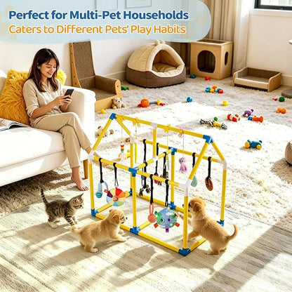 Liitrton Puppy Play Gym for Small Dogs & Kittens, Large PVC Yellow Frame | Indoor Puppy Jungle Gym with 14 Hanging Enrichment Toys, Reduce Puppy & Cats Boredom