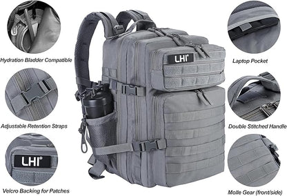 LHI Military Tactical Backpack for Men and Women 45L Army 3 Days Assault Pack Bag Large Rucksack with Molle System - Grey