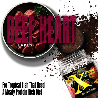 Xtreme Beef Heart Flakes - High Protein, Nutrient-Dense for Tropical & Freshwater Fish, Supports Growth, Color Enhancement, Easy Digestion - Ideal for Discus and Cichlids (3.5oz)