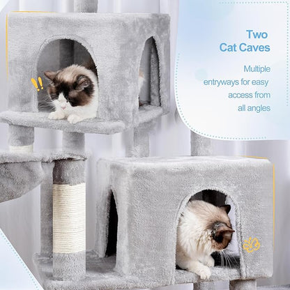 Hey-brother Cat Tree Tower, Scratching Posts with a Extended Part, Wide Platforms, Cozy Condos, Hammocks, Sisal Columns and Ball for Indoor Cats, 70.1 Inches, Light Gray MPJ038W