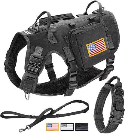 Forestpaw Tactical Dog Harness for Large Dogs,Tactical Dog Collar with Bungee Leash Set,No Pull Military Dog Harness for Walking Training,Adjustable for Medium Large Dogs,Black,Chest 27-40"