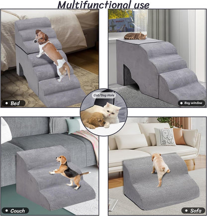Dog Stair Steps for High Beds 36 inches Tall, 33D Foam Dog Ramp for Bed 32 inches, 7-Step Pet Stair Steps for Small Large Dogs for Bed Climbing, Non-Slip Dog Steps for Older Dogs/Cats, Grey