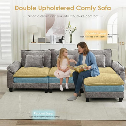 URRED Cloud Couch Modular Sectional Sofa, 122'' Modern L Shaped Deep Seat Sofa with Ottoman & Pillows, Ultra Comfy Chenille Couches for Living Room, Bedroom or Apartment, Gray