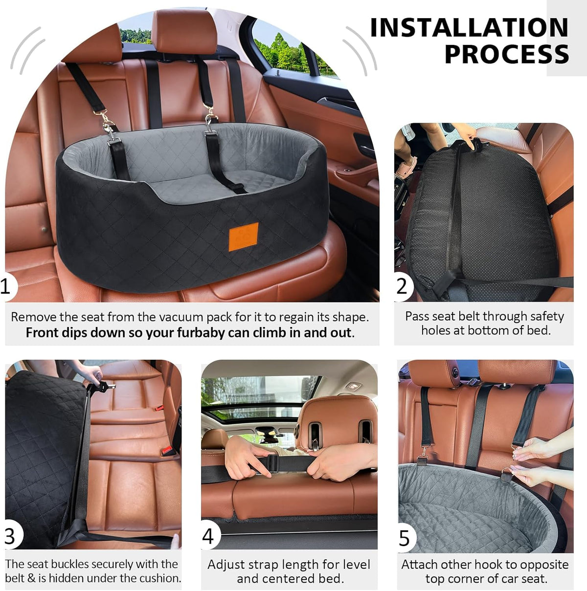 Dog Car Seat for Medium Dogs Up to 50 lbs, Pet Booster Seat for Cars SUVs and Trucks, Travel Dog Bed with Safety Strap, Thick Cushion, Non-Slip Base, Washable and Portable(Black/Gray