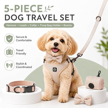 EVERKING 5-Piece Dog Travel Set, Adjustable Harness, Leash, Collar, Poop Bags, Bowtie for Small Medium Dogs, Beige, Breathable No-Pull Design (Beige, S)