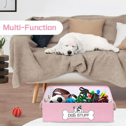 Collapsible Fabric Dog Toy Box and Storage Bin With Handle - Trapezoid Basket Chest Organizer for Pet Toys, Blankets and Accessories, Pink