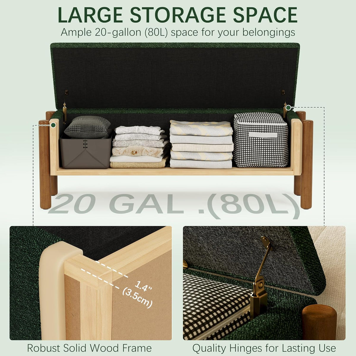 Modern Storage Benches with Walnut Wood Legs, 47'' Ottoman Bench with 20 Gallons Storage Space for Bedroom End of Bed, Fabric Upholstered Entryway Bench with Seating for Livingroom, Green
